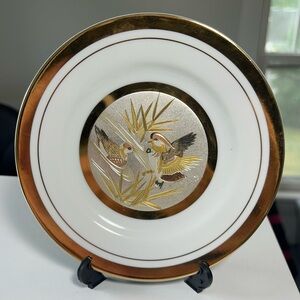 Art of Chokin 6” Porcelain Plate 24K Gold Edge w Stand Made in Japan Birds Motif
